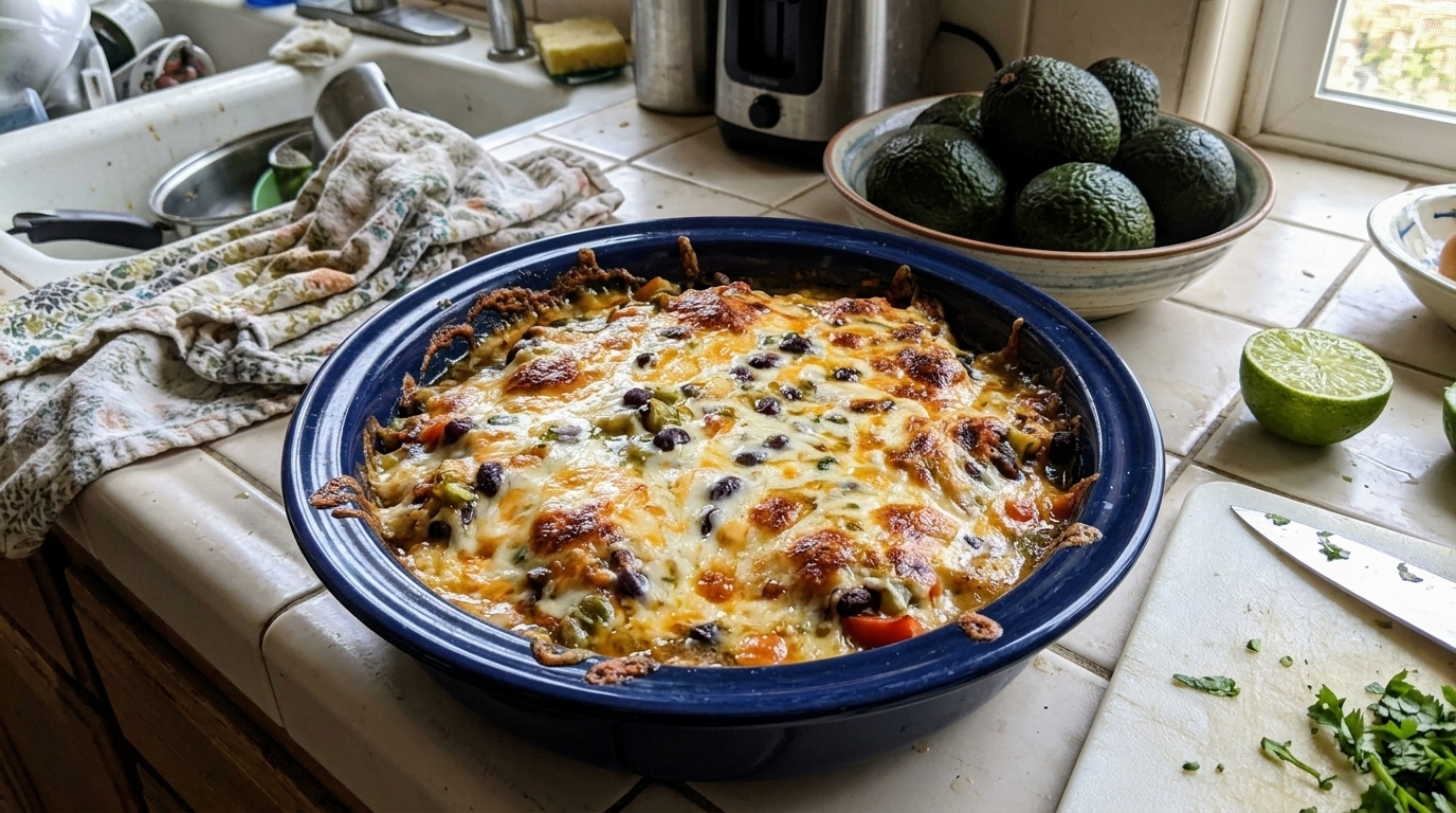 High Protein Cheesy Chicken Enchilada Bake